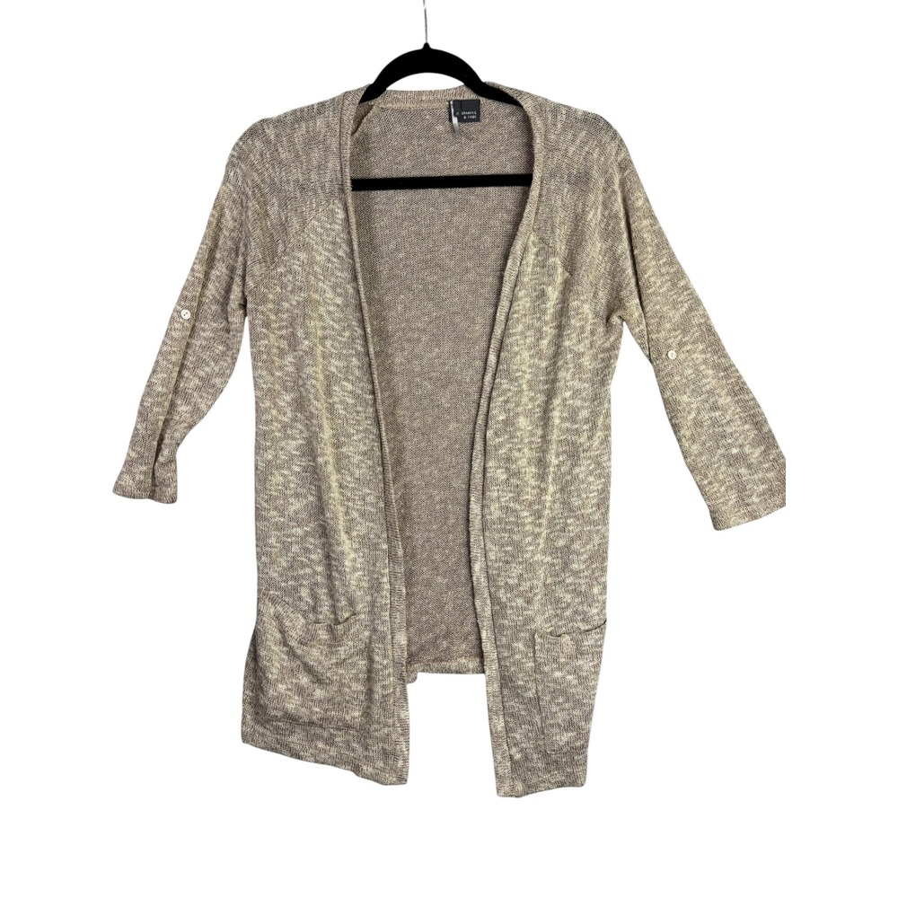 Sparkle & Fade Marled Knit Open Front Cardigan Tan Cream Roll Tab Sleeve XS‎